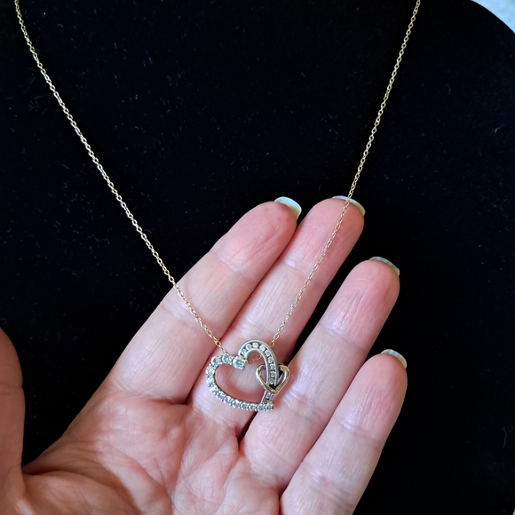 Vintage Sterling Silver & 10K Yellow Gold Double Heart Pendant Graduated Stones - Picture 2 of 10